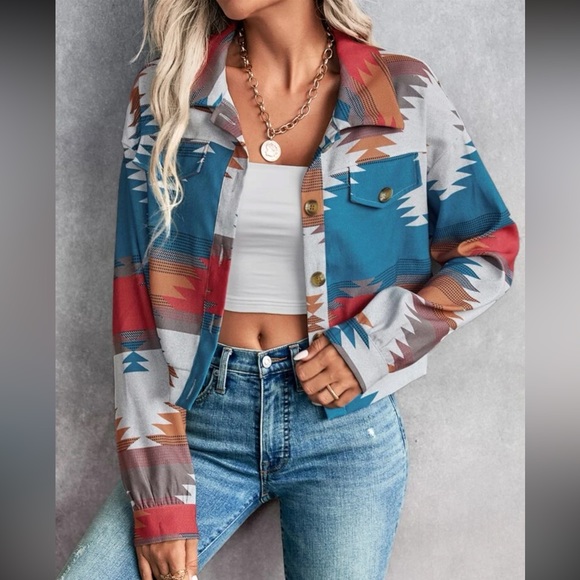 Geo Print Drop Shoulder Flap Pocket Overcoat boyfriend shacket trucker jacket - Picture 4 of 6